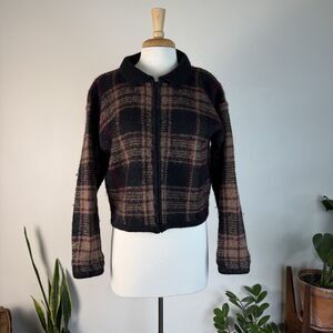 Vintage Mohair Blend Plaid Zip Cardigan | Oversized Fuzzy Cropped Jacket